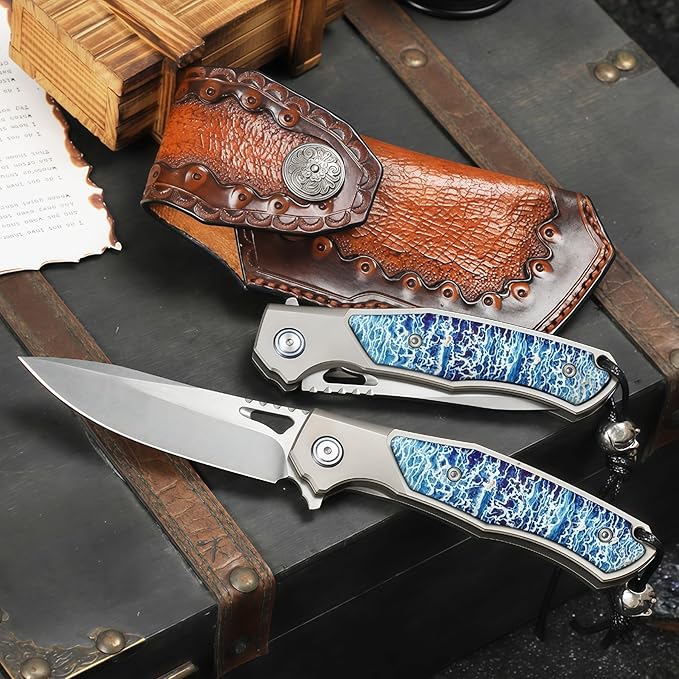 Pocket Knife Hunting Knives &amp Tools Knifes Titanium Alloy Handle Vegetable Tanned Leather Sheath Folding Knife Outdoor Knife for Self Defense