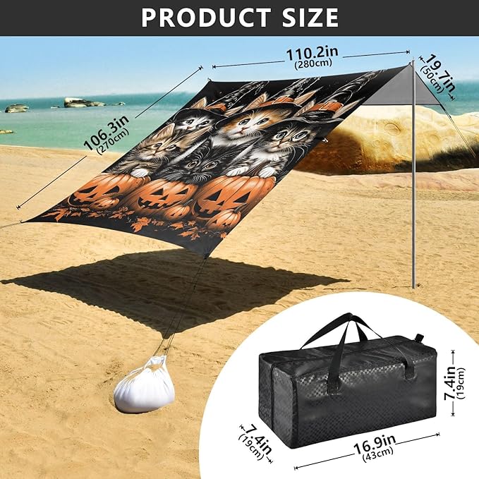 ALAZA Halloween Cats Pumpkin Beach Tent Sun Shelter Portable Canopy Sunshade for Outdoor Camping Picnics Backyard Fun 10x9 ft