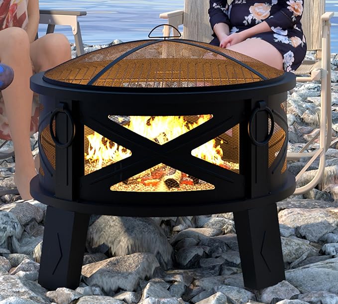 Fire Beauty 26Steel Fire Pit with Grill Grate&ampSpark Screen360° Airflow Boost TechnologyLess SmokeLarger FlamesHeavy-Duty Portable Camping Fire Pit for BackyardBeachRV (22lbs4 HandlesDual-