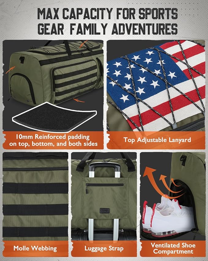 Gonex 130L Extra Large Duffel Bag for Men Heavy Duty 3 in 1 Convertible Carry Travel Duffle with Shoe Compartment Tactical Loops Sports Gear Bag for Family Trips (Army Green)
