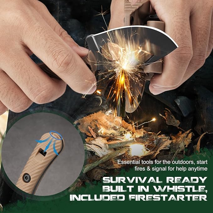 Small Hunting Knife HO-YN Compact Fixed Blade Knife with Gut Hook Rotating Clip &amp Whistle for Fishing &amp Outdoor (Khaki)
