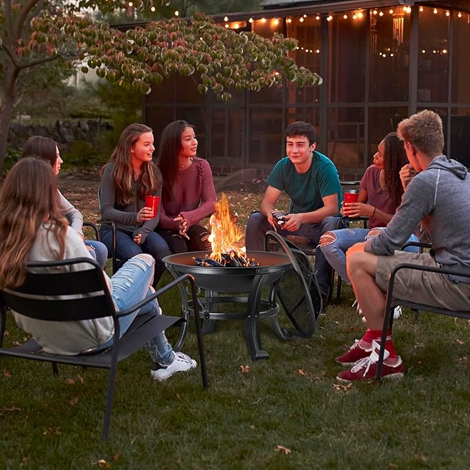 22Inches Fire Pit Outdoor Steel Wood Burning BBQ Grill Firepit Bowl Fireplace with Mesh Screen &amp Fire Poker Log Grate