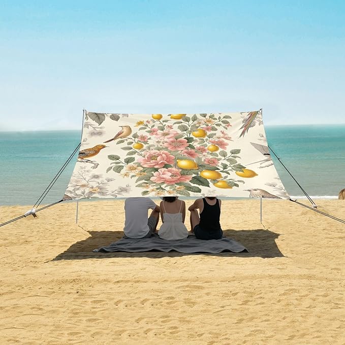 Lemon Floral and Birds Beach Tent Sun Shelter Set UPF50+ UV Protection 10.5 x 9.19 FT Camping Shade Canopy with Sandbags Sand Anchors Carrying Bag and Others