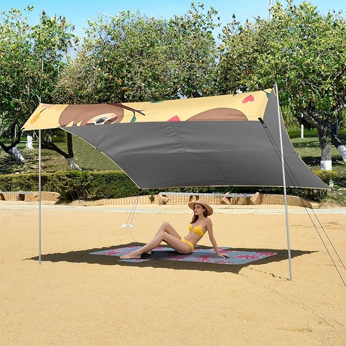 ALAZA Sloth Branch Love Pattern Beach Tent Sun Shelter Portable Canopy Sunshade for Outdoor Camping Picnics Backyard Fun 10x9 ft