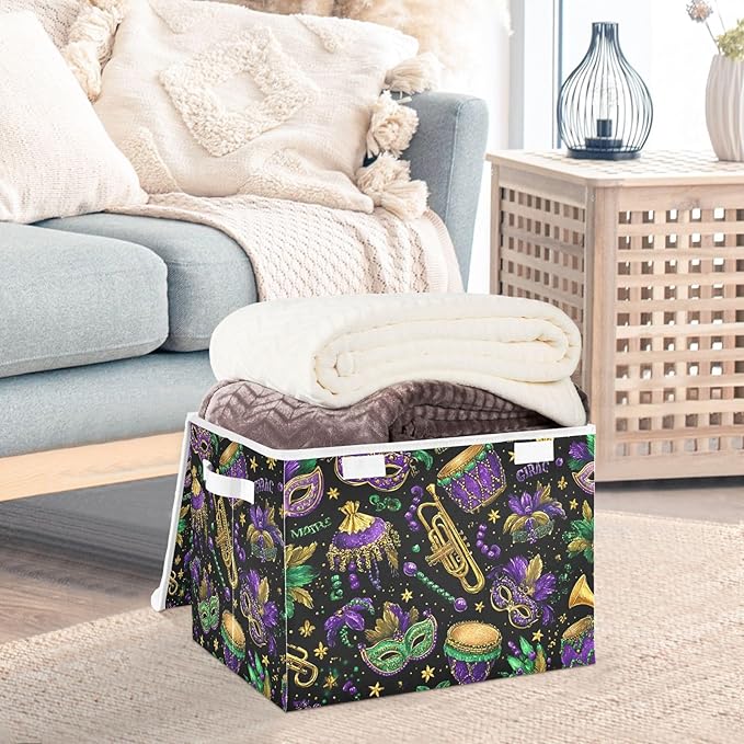 Mardi Gras Masks Black Storage Box with Lid 1 PC Foldable Storage Bin with Lids Stackable Storage Bins Cube Closet Organizer Basket with Flip-Top Lid &amp Handles for Shoes Books Towels