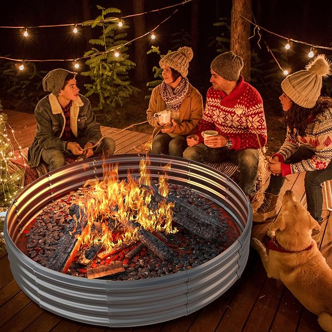 Mr IRONSTONE Outdoor Fire Pit Galvanized Fire Pit Ring Foldable Outdoor/Camping/Gatherings 5 FT Diameter Fire Pit for Yard/Garden/Park/Beach 60 Inches Fire Ring Pit Silver