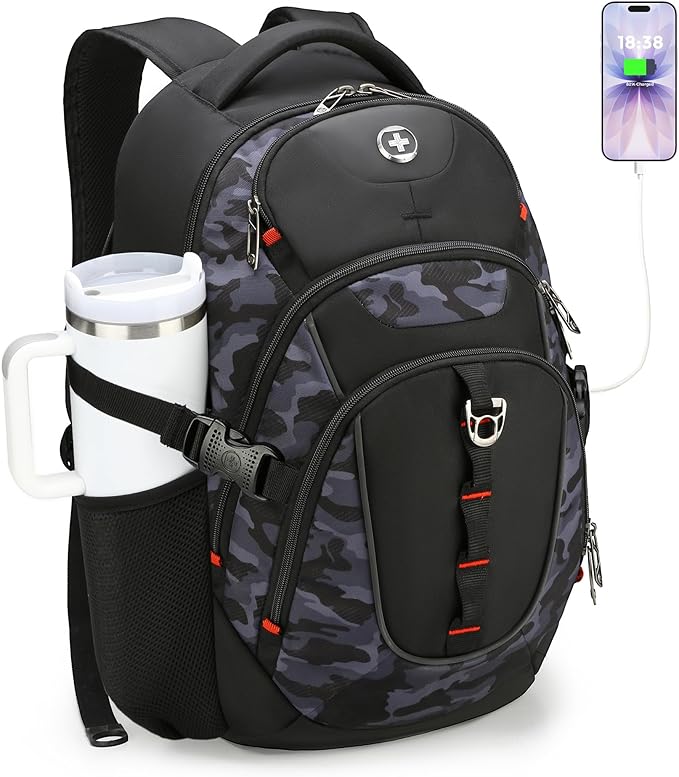 Swissdigital Design Laptop Backpack with USB Charging Port Travel Backpack Fits 15.6 inches Computer 31L College School Backpack for Men Gray Camo | SD803-91