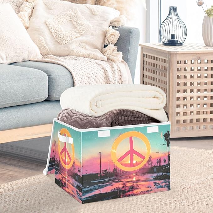 Storage Cube with Lid Peace Sign City Print 16.5×12.6×11.8 IN 1 Pack Collapsible Large Capacity Foldable Storage Basket Bin Organizer
