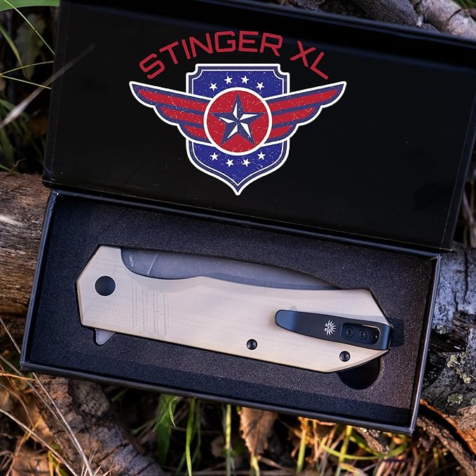 Off-Grid Knives - STINGER XL Folding Knife 154CM Steel Full Flat Grind G10 Scales Ceramic Bearings Drop-Shut Action Deep Pocket Clip Left or Right Hand Carry Camping &amp Tactical Use (Coyote