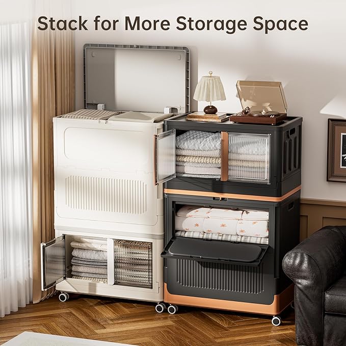 HAIXIN Large Storage Bin with Lid - 130QT Flip-top Storage Container with Wheels 32.5 Gallon Storage Chest Stackable Retro-style Organizer for Closet Bedroom Dorm Black and Brown