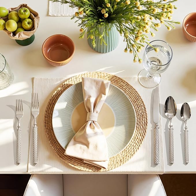 KINGSTONE Retro Rope-Pattern Silverware Set 60-Piece Flatware Set Cutlery Set Forged with Handcrafted Texture Handles 18/10 Stainless Steel Dishwasher Safe