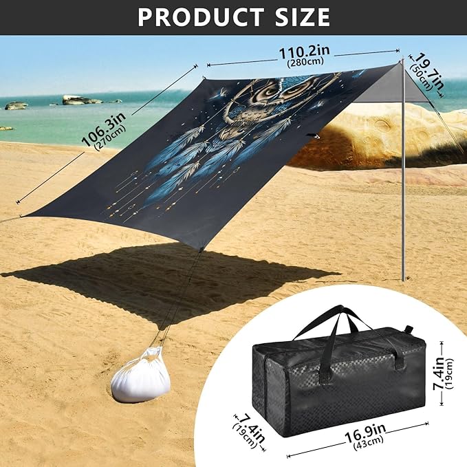 ALAZA Owl Dreamcatcher Blue Beach Tent Sun Shelter Portable Canopy Sunshade for Outdoor Camping Picnics Backyard Fun 10x9 ft