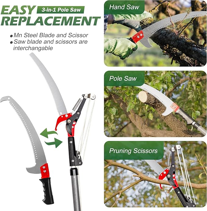 Walensee Pole Saw for Tree Trimming 7.2-27 FT Manual Tree Pruner with 8 Sectional Fiberglass Poles Saw Blade &amp Pruning Scissor Head Adjustable Branch Cutter for Yard Garden with Storage Bag