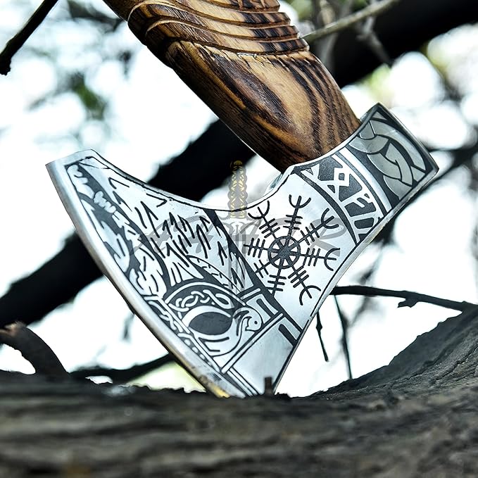 Hand-Forged Viking Axe – Authentic Norse Battle Axe with Custom Engraved Carbon Steel Blade &amp Carved Wooden Handle – Perfect for Throwing Camping Hunting &amp Gifts AH-001-AX