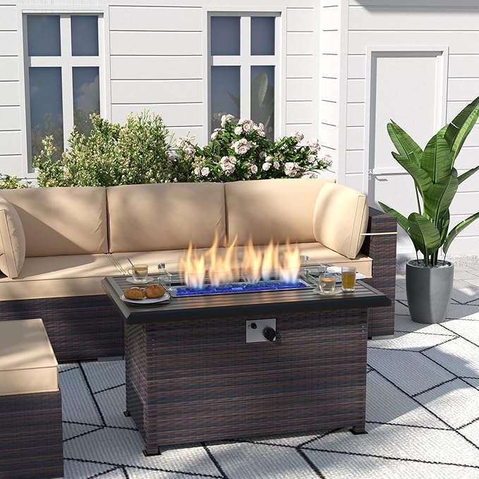 Kurapika Propane Fire Pit Table 43 Inch 55000 BTU Auto-Ignition CSA Certification Outdoor Rattan Gas Fire Pits with Slide Out Tank Holder Outdoor Fire Tables Wider Desktop Windshield and Lid