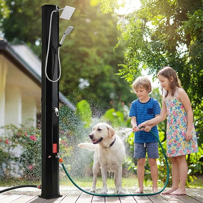 TLSUNNY 9.3 Gallon Solar Heated Shower 7.1FT Height Outdoor PVC Freestanding Shower W/360 Rotating Rainfall Handheld Head Temperature Adjustment &amp Foot Faucet for Pool Backyard Beach (9.3 ga