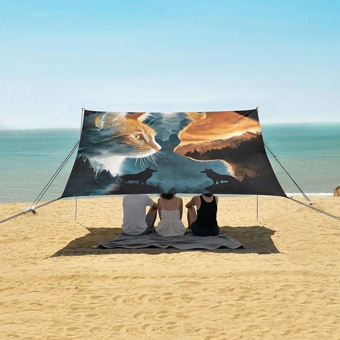 ALAZA Cat Wolf Moon Beach Tent Sun Shelter Portable Canopy Sunshade for Outdoor Camping Picnics Backyard Fun 10x9 ft