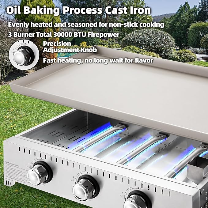 MELLCOM 3 Burner 30000 BTU Outdoor Gas Griddle with Lid (Side Shelf) Portable Flat Top Griddle 28 Inch Heavy- Duty Cast lron Grill Bottle Rack &amp Grease Pan for Camping Picnic Patio