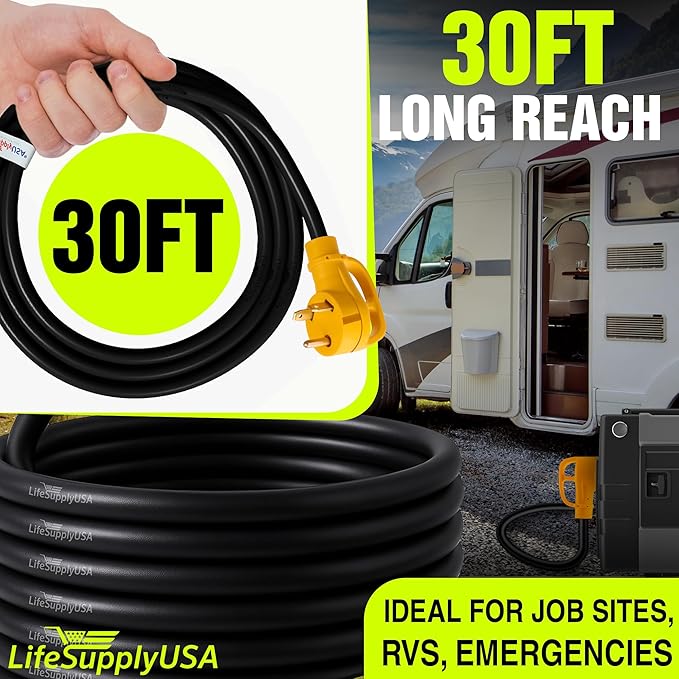 30ft RV Extension Cord 30 AMP (TT-30P/L5-30R) with Twist-Lock Connector and Grip Handle Hook and Loop Strap - STW 10/3 AWG 125 Volt - Heavy Duty - by LifeSupplyUSA