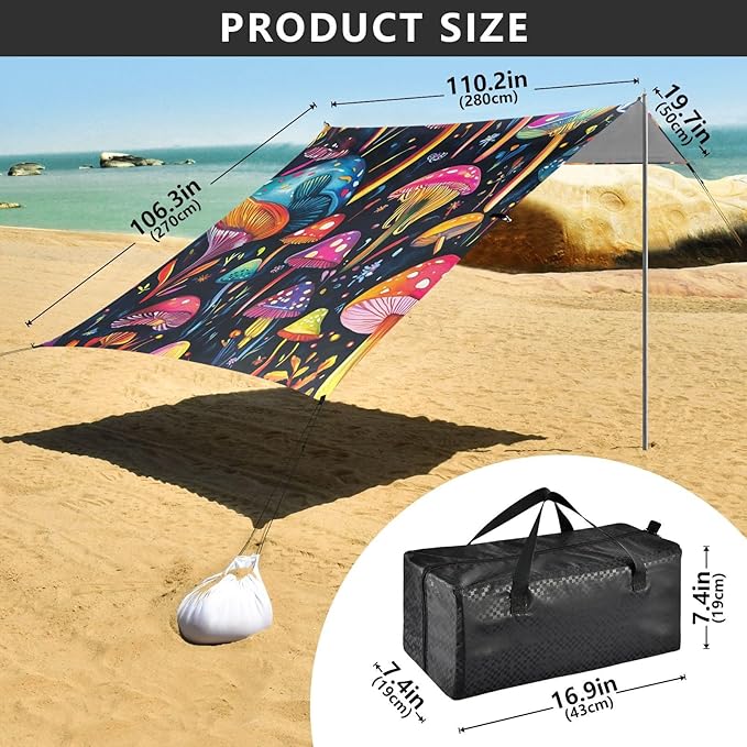 ALAZA Mushroom Colorful Art Beach Tent Sun Shelter Portable Canopy Sunshade for Outdoor Camping Picnics Backyard Fun 10x9 ft