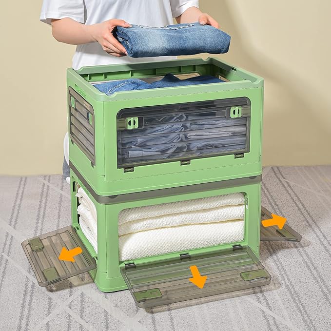 32Qt Plastic Storage Bins with Lid Collapsible Storage Bins with Wheels Storage Boxes with 4 Doors Stackable Storage Bins for Organizing Clothes Snacks and Camping 2-Pack (Green)