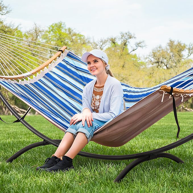 SUNCREAT Portable Outdoor Hammock with Stand Double Hammock with Stand for Outside Patent Pending Blue &amp White