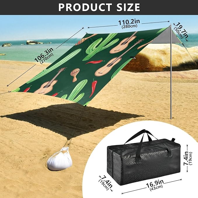 xigua Guitar Beach Tent Sun Shelter with Carrying Bag - Silver Coated Oxford Fabric Beach Canopy for Beach Camping Fishing - Includes Windproof Ropes Sandbags &amp Stakes