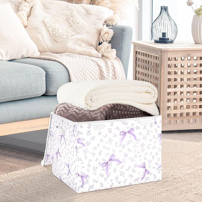 ALAZA Purple Floral Bow Storage Bins Organizer Box Baskets Lidded Clothes for Shelves Closet Collapsible Stackable Storage Cubes Handles