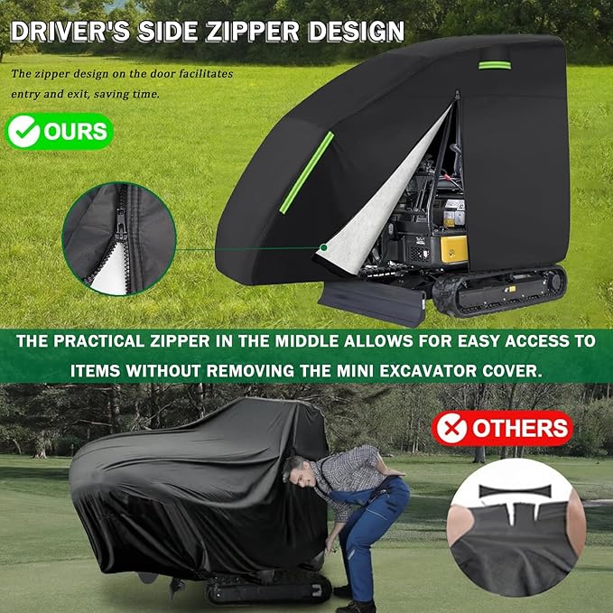 Mini Excavator Cover for Kubota U35-3/4 2002-present Heavy Duty Waterproof Compact Excavator Tarp with Zipper Door &amp Reflective Strips for Outdoor Storage
