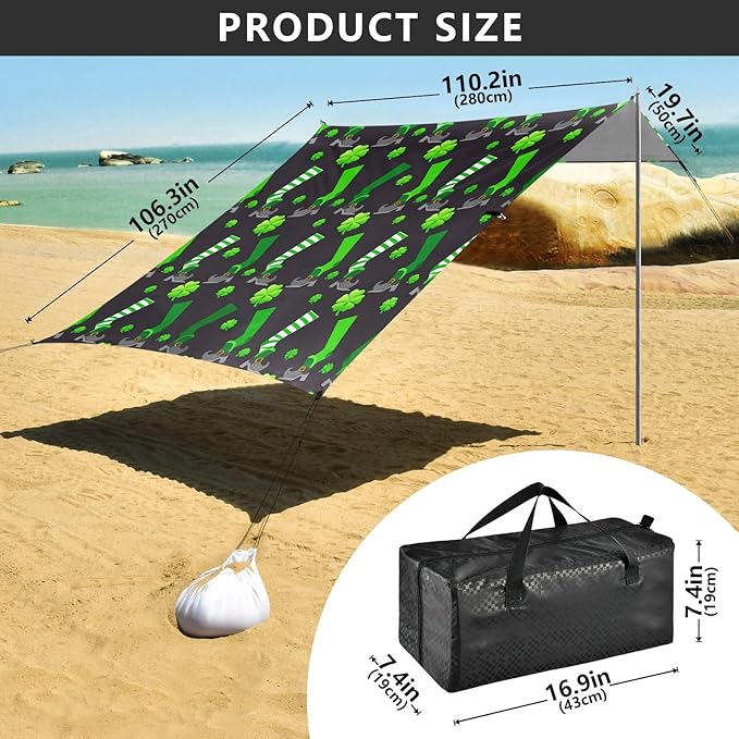 Beach Canopy with Windproof Ropes &amp Sandbags Beach Tent Sun Shade Sun Shelter for Camping Trips Fishing Backyard Fun or Picnics St. Patrick's Day