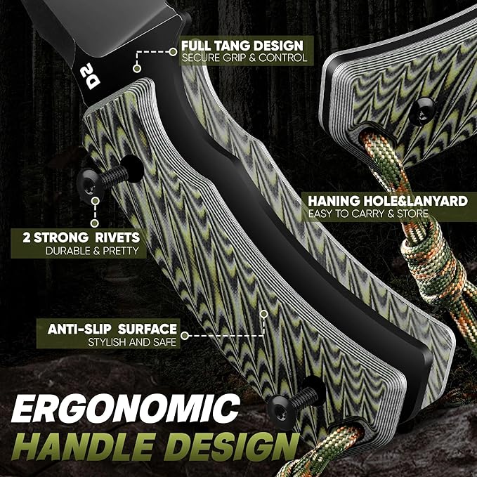 Dream Reach Fixed Blade Knife - D2 Steel Tactical Knife with Ergonomic Full Tang Handle and Kydex Sheath for Outdoor Camping Survival Gift for Men Women