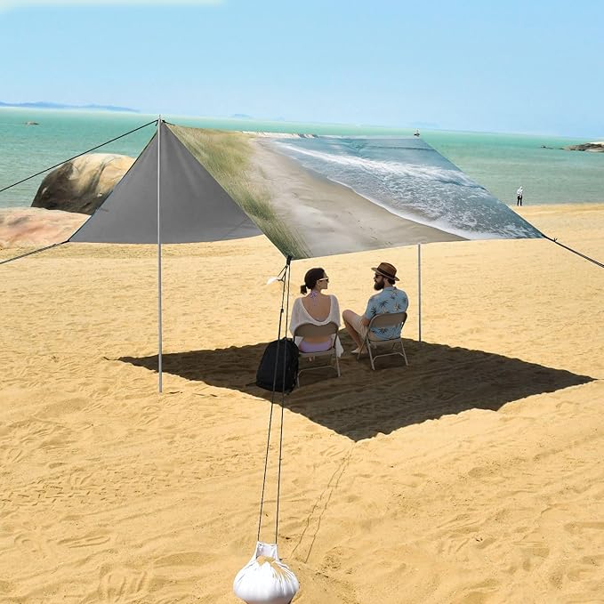 Seacoast Landscape Beach Tent Sun Shelter Set UPF50+ UV Protection 10.5 x 9.19 FT Camping Shade Canopy with Sandbags Sand Anchors Carrying Bag and Others
