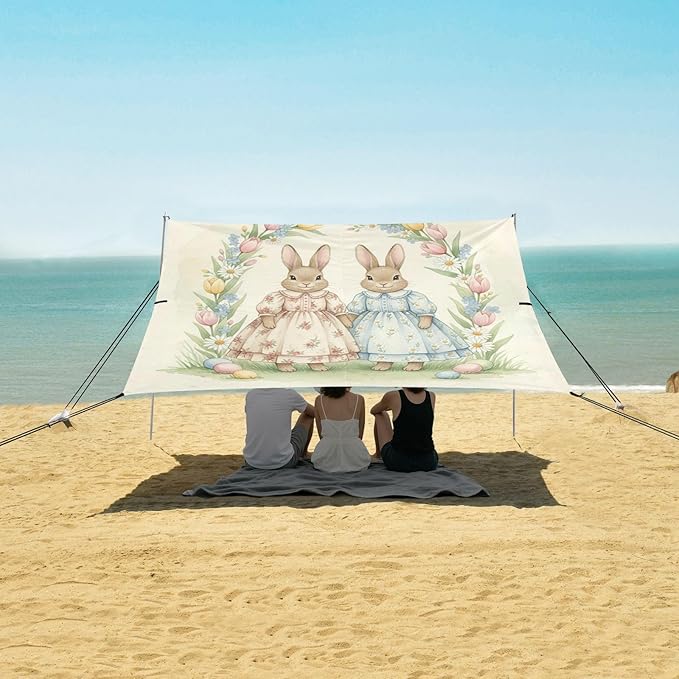 xigua Easter Bunny Beach Tent Sun Shelter with Carrying Bag - Silver Coated Oxford Fabric Beach Canopy for Beach Camping Fishing - Includes Windproof Ropes Sandbags &amp Stakes