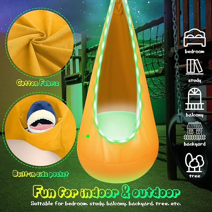 Light Up Kids Pod Swing Seat Kids Hanging Hammock Swing with LED Lights Sensory Pod Swing Chair with Inflatable Pillow &amp All Accessories Pod Swing for Kids Indoor &amp Outdoor (Yellow)