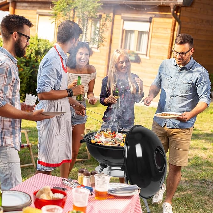 Outvita Charcoal Grill 18 inch Stainless Steel BBQ Charcoal with Wheels and Storage Holder for Camping Picnic Barbecue Party Outdoor Activities