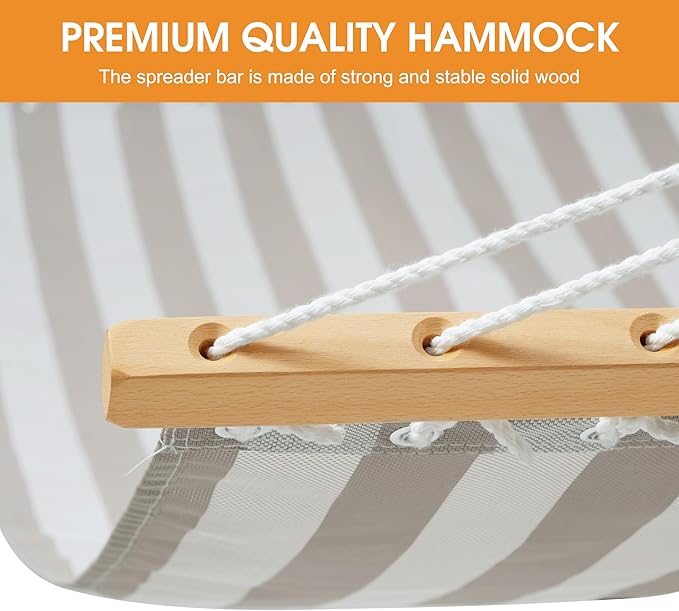 Lazy Daze Hammocks 12 FT 2 Person Double Quick Dry Textilene Hammock with Curved Steel Heavy Duty Stand for Outside Backyard Patio 450 Lbs Capacity Beige White Stripes