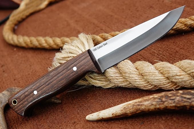 Ottoza Full Tang Bushcraft Knife with 1095 Carbon Steel Fixed Blade - Survival and Outdoor Camping Knife - Black Cross Draw Sheath and Walnut Wood Handle 397