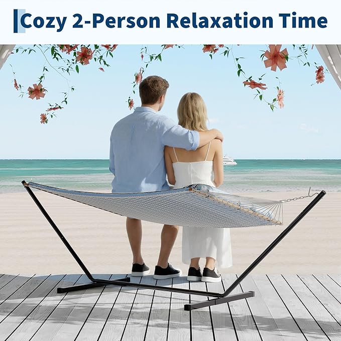 2 Person 12FT Hammocks for Outside Double Quilted Fabric Outdoor Hammock with Spreader Bar Large Removable Pillow Storage Pockets Carabiners Max 450 Lbs Capacity