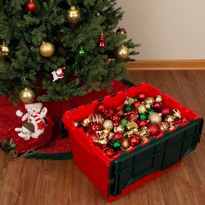 Akro-Mils KeepBox 12 Gallon Storage Container Nesting and Stackable Plastic Storage Box with Lid Attached Organizer Tote for Garages Closets and Moving 21-1/2 x 15 x 12-1/2 Red/Green