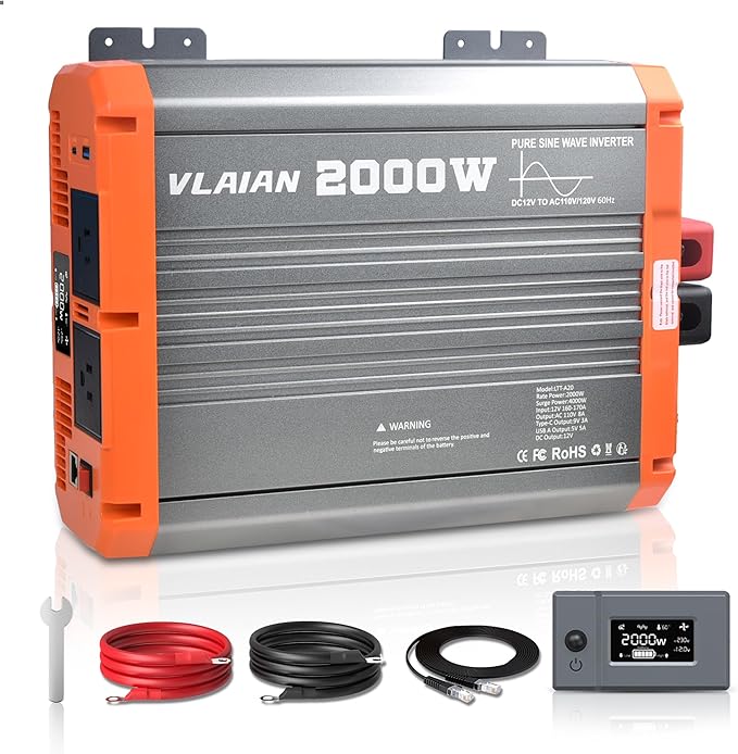 2000W Pure Sine Wave Inverter12V DC to 110V AC Power Inverter for Vehicles RVTruckCarSolar Off-Grid Converter with 2 AC Outlet27W Type-C5V 3A USB-AHardwire Port16ft Remote Controller