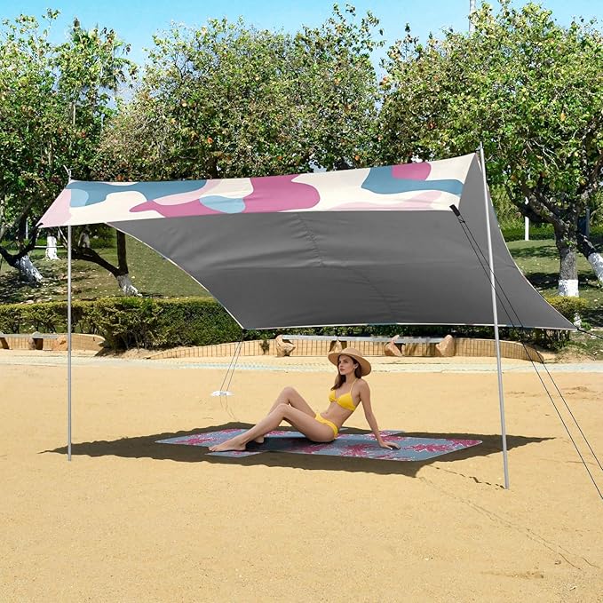 Powder Blue Foldable Beach Canopy UPF50 Lightweight Portable Sun Shelter with Sturdy Poles Sandbags and Shovel for Family Trips Picnics &amp Camping