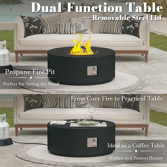 32.5 Inch Propane Fire Pit Table 50000 BTU Round Patio Fire Pit Table Outdoor CSA Certified Stainless Burner with Steel Lid Waterproof Cover &amp Lava Rocks for Garden Backyard Black