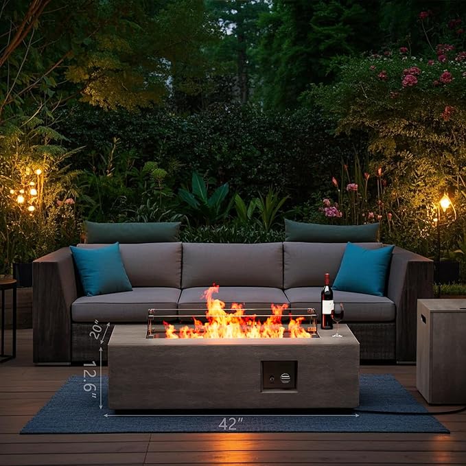 42 Outdoor Fire Pit Table 50000 BTU Gas Fire Pit with Glass Wind Guard Fire Stones Waterproof Cover Propane Fire Pit Table for Outside Patio (Brown)