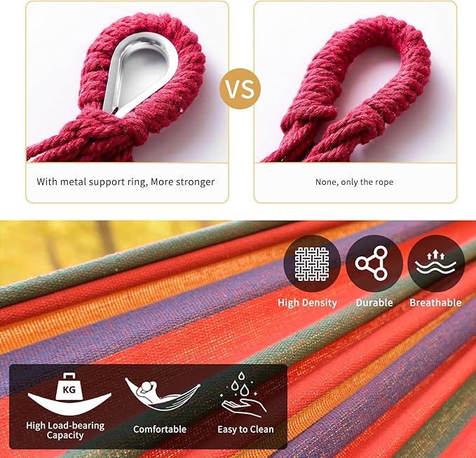 Rainbow Hammock Cotton Hammocks Comfortable Fabric Hammock with Tree Straps for Travel Patio Garden Hanging Sturdy Hammocks Up to 660lbs Indoor/Outdoor Portable Hamacas with Travel Bag（Rainbow）