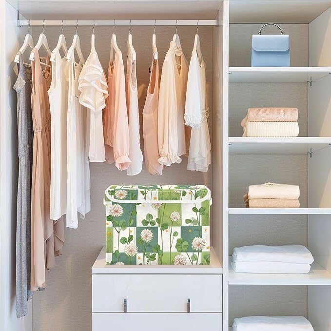 Green Floral Clovers Storage Box with Lid 1 PC Foldable Storage Bin with Lids Stackable Storage Bins Cube Closet Organizer Basket with Flip-Top Lid &amp Handles for Shoes Books Towels