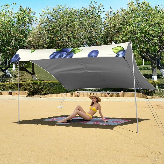 xigua Blue Berry Beach Tent Sun Shelter with Carrying Bag - Silver Coated Oxford Fabric Beach Canopy for Beach Camping Fishing - Includes Windproof Ropes Sandbags &amp Stakes