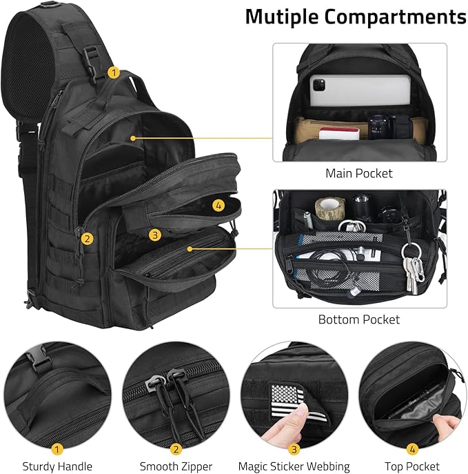 CVLIFE Tactical Sling Bag Backpack for Men Military Shoulder Sling Bag Molle Detachable Tactical Bag with Bottle Holder Hidden Pocket Daily Day Pack Work Bag for EDC Hiking Black