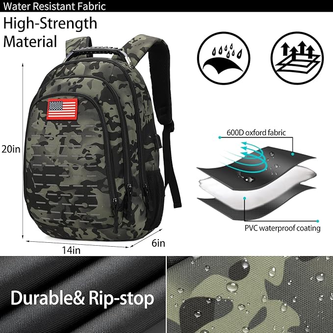 Camo BackpackSmall Tactical Backpack for outdoorMilitary Teen Boys Backpacks for School with USB Charging Port40L