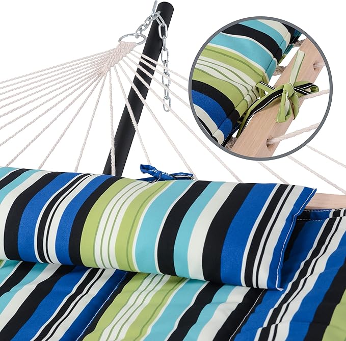 SUNCREAT Hammocks Double Cotton Rope Hammock with Polyester Pad Heavy Duty Hammock with Steel Stand Blue&ampGreen