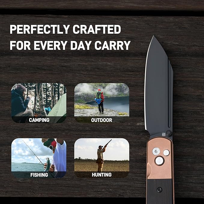 ARTISANCUTLERY Holm Pocket Knife EDC Knife with 3.10'' AR-RPM9 Steel Handle with Black PVD Steel and G10 Inlay Button Lock with Safety Switch Knife for Camping Survival Outdoor 1875P Black PVD